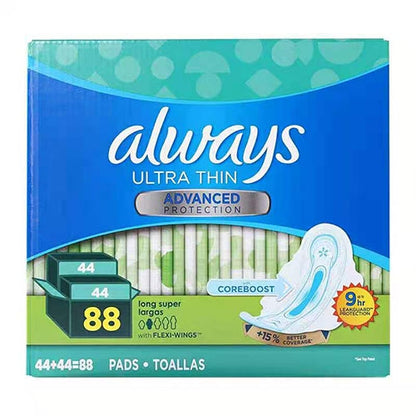 Always Ultra Thin Advanced Protection Long Super With Wings Pads, 88-count