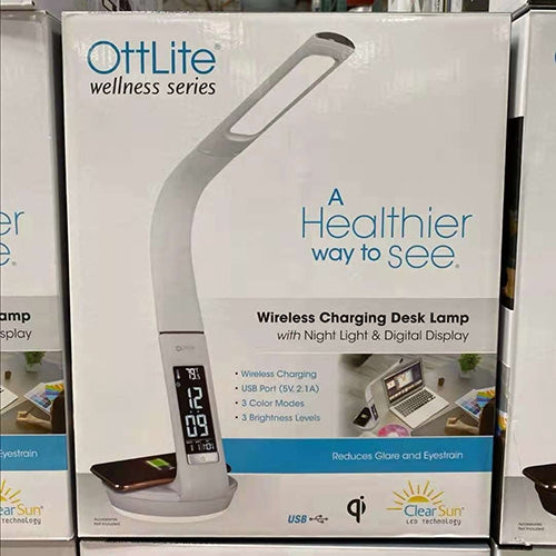 Ottlite Thrive LED Desk Lamp with Clock and Sanitizing, Power Source， White