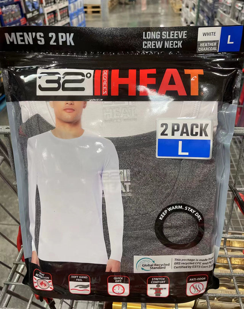 32 Degrees Heat Men's 2 Pack Long Sleeve Crew Neck T-shirt Black/White&Grey