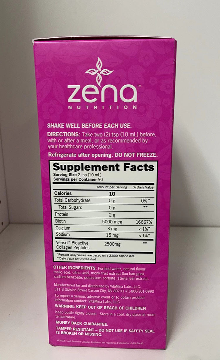 Zena Nutrition Liquid Collagen + Biotin Dietary Supplement, 30oz/90 Servings