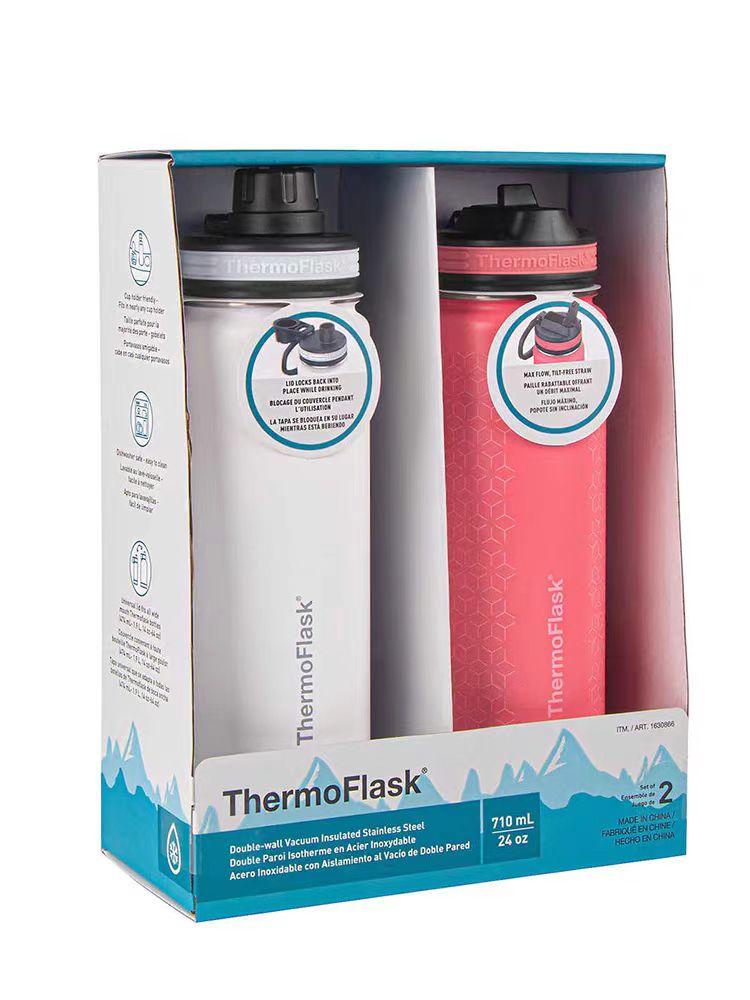 ThermoFlask Double-Wall Stainless Steel Vacuum Bottle 24oz/2PK 2 Different Lids