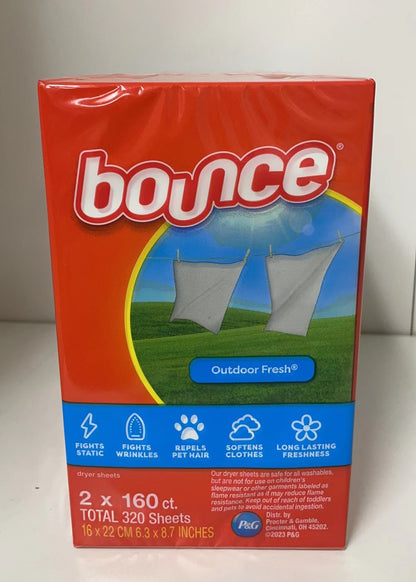 Bounce 5 in 1 Dryer Sheets Outdoor Fresh 2 x 160 Count (6.3*8.7 Inches)