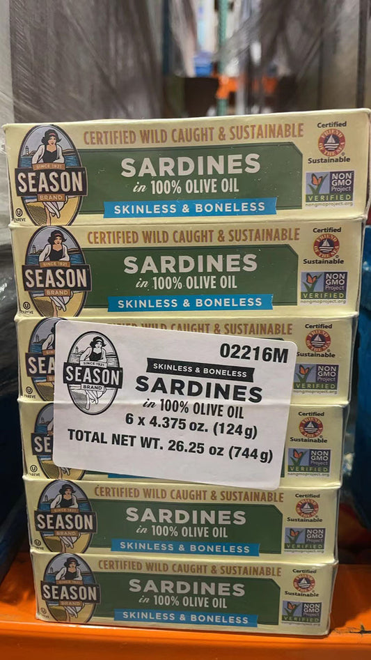 Season Skinless & Boneless Sardines in Olive Oil, 6*4.375oz(124g) Exp 12/2027