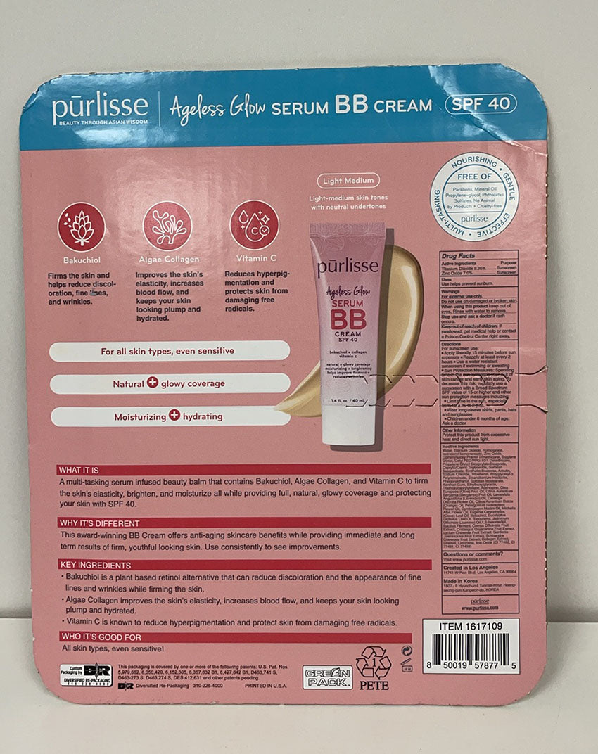 Purlisse Ageless Glow Serum BB Cream/SPF 40 Light Medium 1.4 oz/40ml-2 Pack