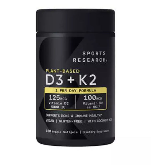 Sports Research Plant-Based Vitamin D3(125mcg)+K2(100mcg), 160 Veggie Softgels