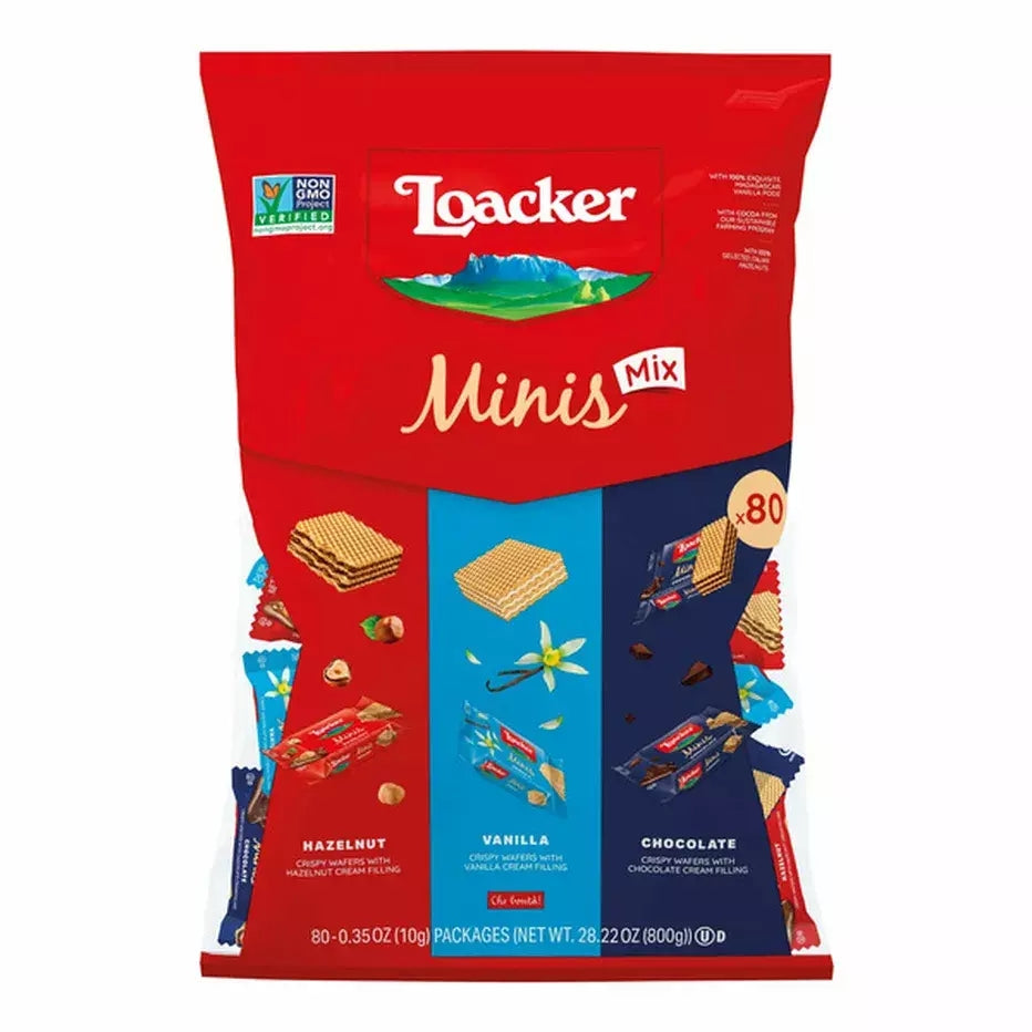 Loacker Minis Mix Cream Filled Wafers, 80 Packages (Hazelnut, Vanilla,Chocolate)