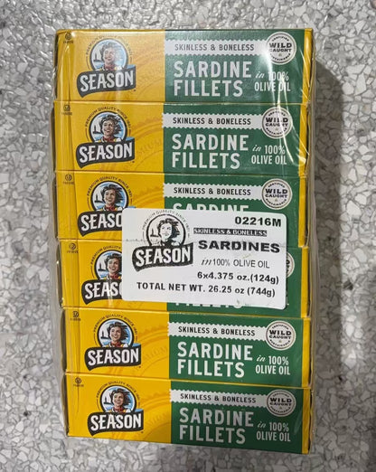 Season Skinless & Boneless Sardines in Olive Oil, 6*4.375oz(124g) Exp 01/2029