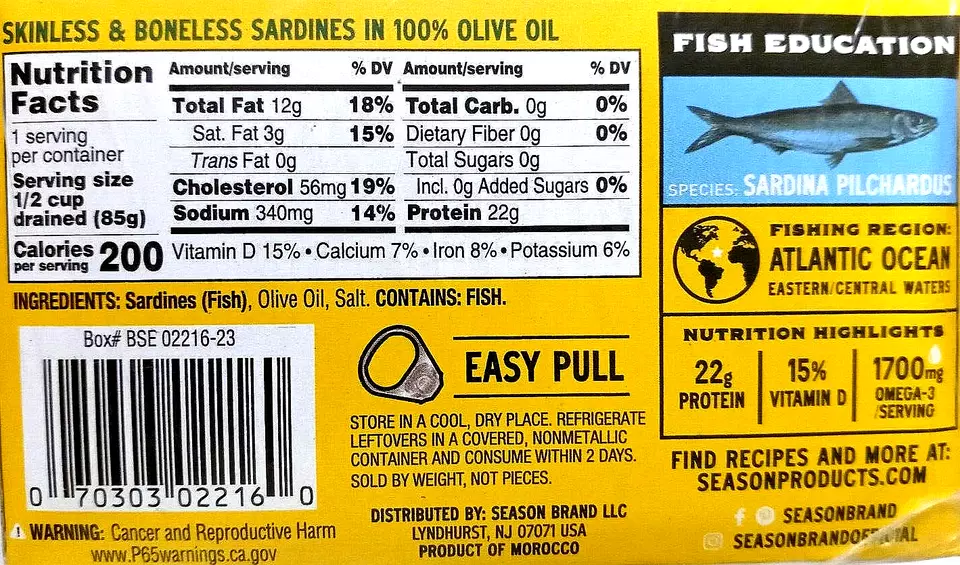 Season Skinless & Boneless Sardines in Olive Oil, 6*4.375oz(124g) Exp 01/2029