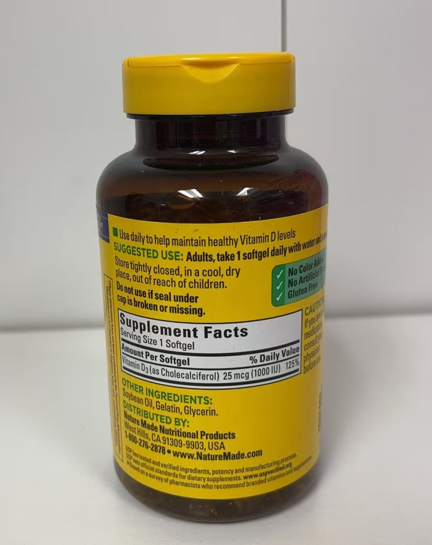 Nature Made Vitamin D3 1000 IU (25 mcg), 650 Softgels EXP 12/2025