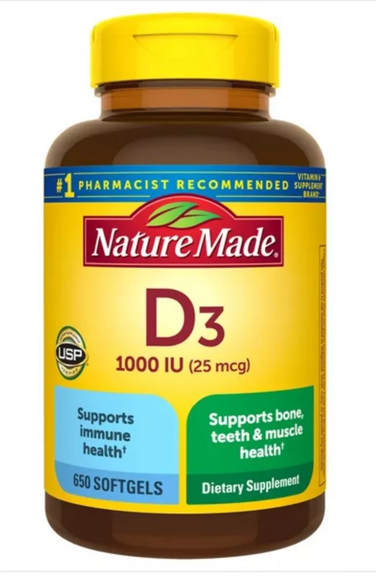 Nature Made Vitamin D3 1000 IU (25 mcg), 650 Softgels EXP 12/2025