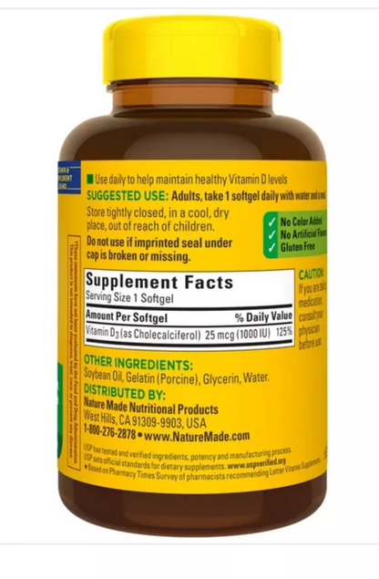 Nature Made Vitamin D3 1000 IU (25 mcg), 650 Softgels EXP 12/2025