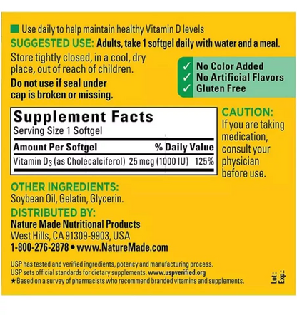 Nature Made Vitamin D3 1000 IU (25 mcg), 650 Softgels EXP 12/2025