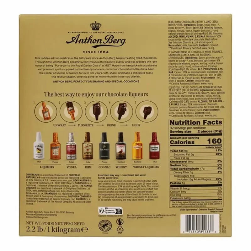 Anthon Berg Golden Jubilee Selection Dark Chocolate-2.2 Lbs/64 Bottles(8 Brands)