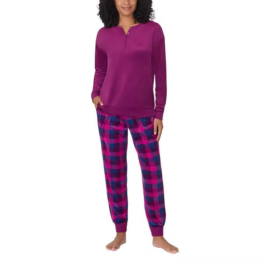 Nautica 2PC Women's Silky Stretch Fleece Sleepwear Set- Purple/Navy/Grey XS-XXL