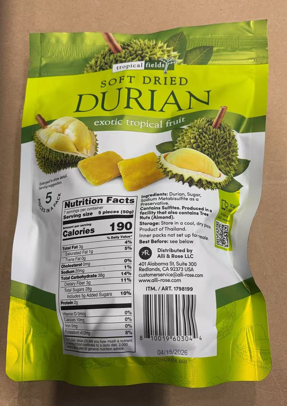 Tropical Fields Soft Dried Durian Thai Exotic Tropics Fruit 12.35 OZ / 350g