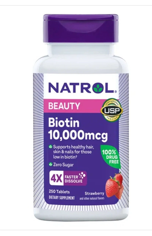 NATROL Beauty Biotin 10000mcg 4X Fast Dissolve Strawberry 250 Tablets