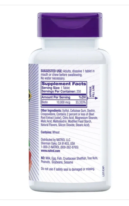 NATROL Beauty Biotin 10000mcg 4X Fast Dissolve Strawberry 250 Tablets