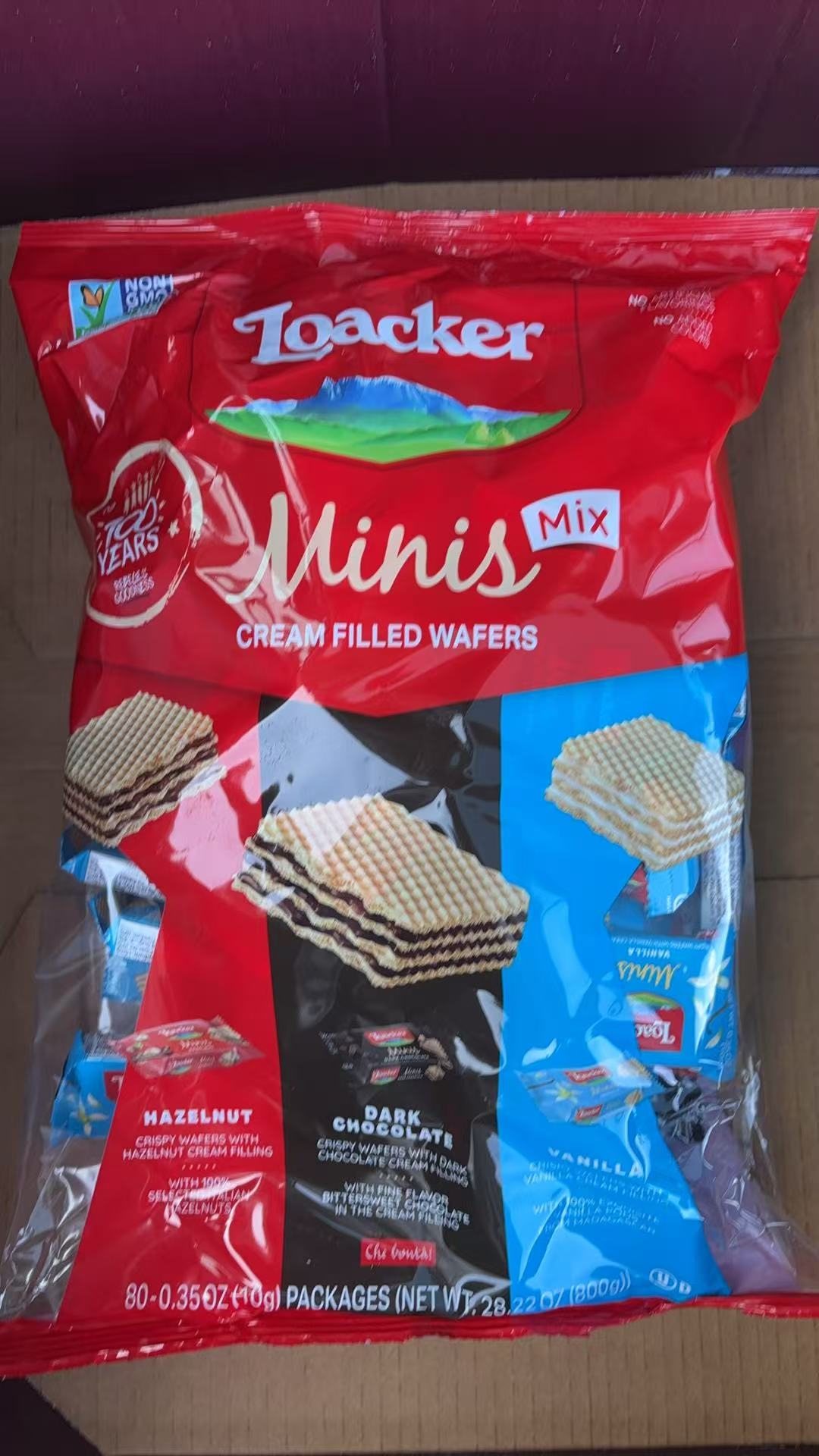 Loacker Minis Mix Cream Filled Wafers, 80 Packages (Hazelnut, Vanilla,Chocolate)