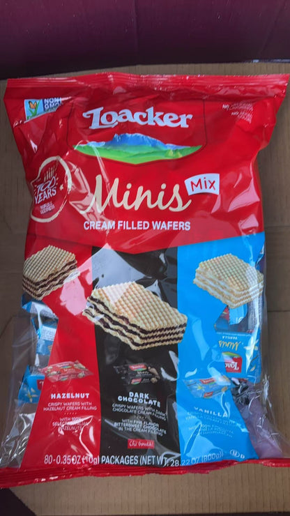 Loacker Minis Mix Cream Filled Wafers, 80 Packages (Hazelnut, Vanilla,Chocolate)