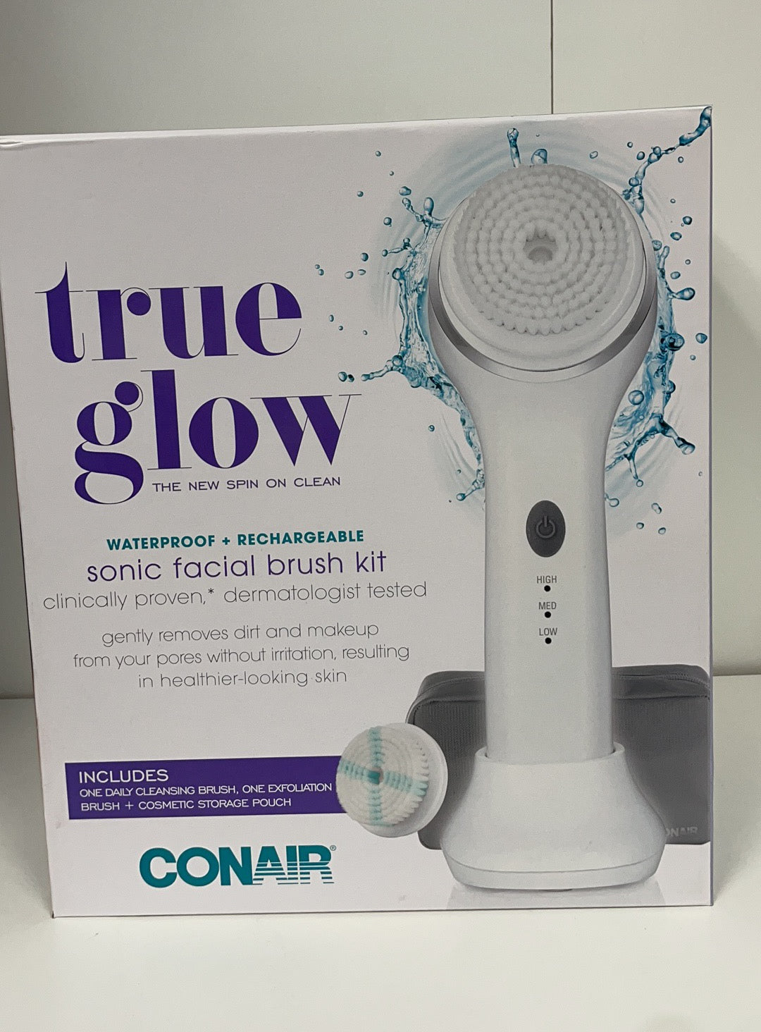 Conair True Glow Sonic Facial Brush Kit Waterproof Rechargeable 2 Brush Heads