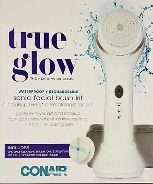 Conair True Glow Sonic Facial Brush Kit Waterproof Rechargeable 2 Brush Heads