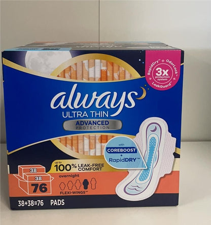 Always Ultra Thin Advanced Protection Overnight With Wings Pads, 76-count