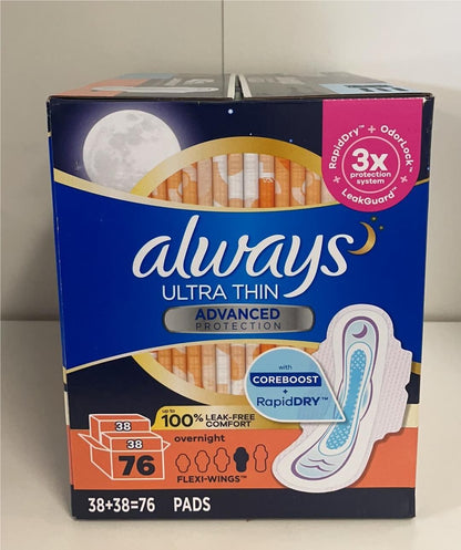 Always Ultra Thin Advanced Protection Overnight With Wings Pads, 76-count
