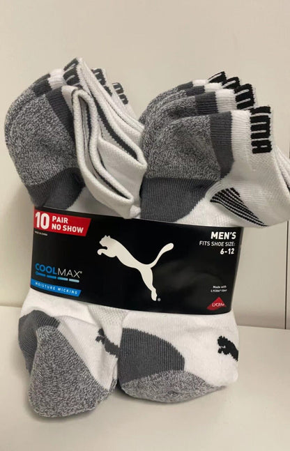 Puma Men's No Show Socks Fits Shoe Size 6-12 Cool Max Moisture Wicking- 10 Pairs