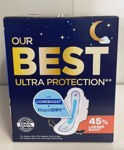 Always Ultra Thin Advanced Protection Overnight With Wings Pads, 76-count
