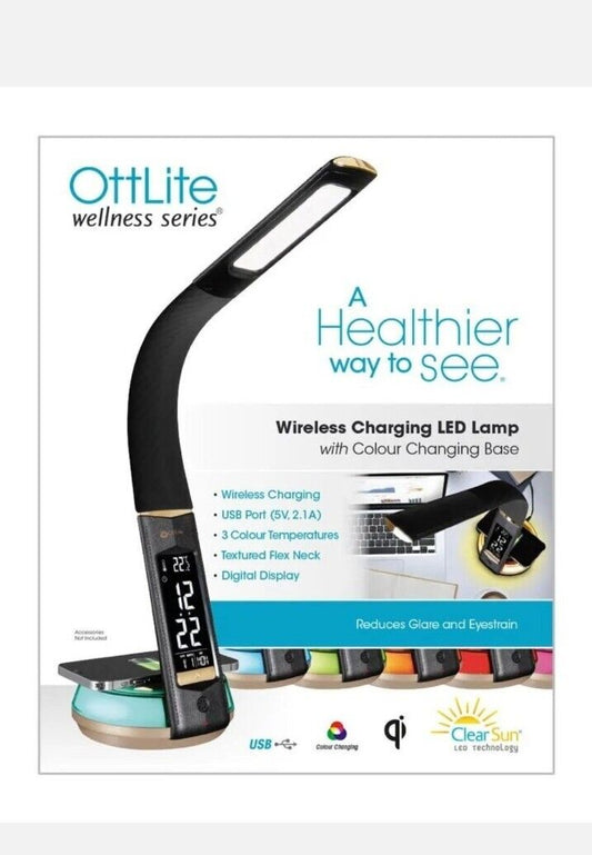 Ottlite Thrive LED Desk Lamp with Clock and Sanitizing, Power Source， Black