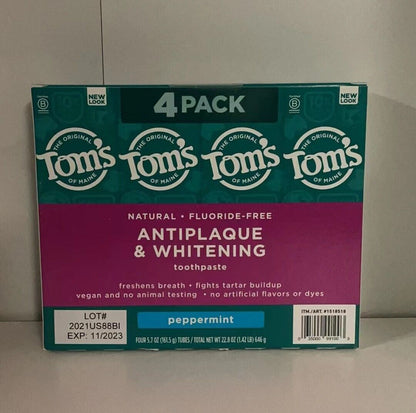 Tom's Of Maine Antiplaque & Whitening Toothpaste-4 Pack (5.7oz each) Peppermint EXP 12/2025