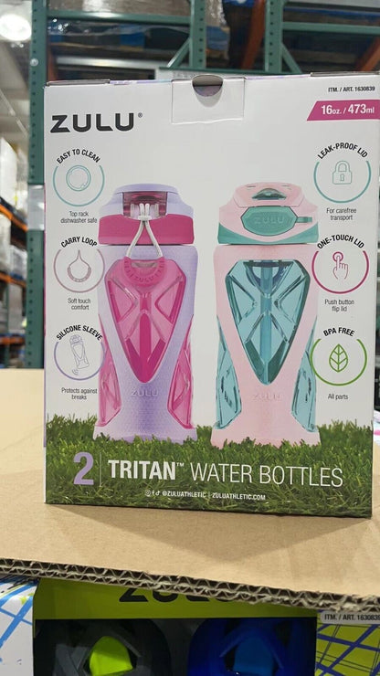 Zulu Tritan Water Bottle for Children with Silicon sleeve & leak-proof-16oz*2pcs