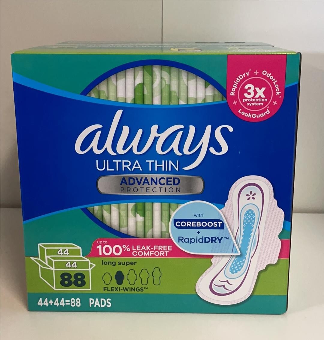 Always Ultra Thin Advanced Protection Long Super With Wings Pads, 88-count