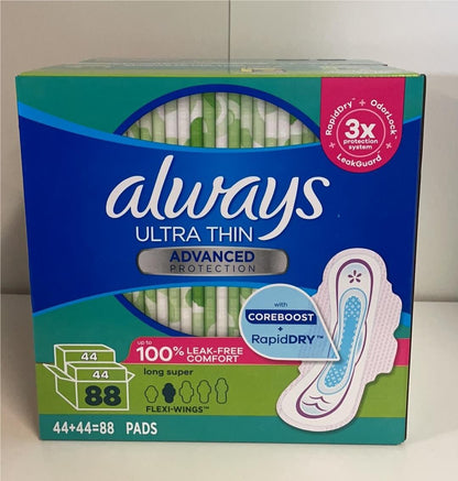 Always Ultra Thin Advanced Protection Long Super With Wings Pads, 88-count