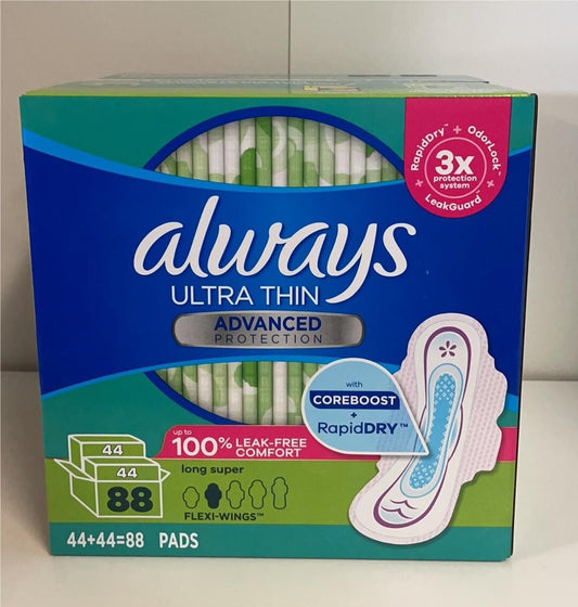 Always Ultra Thin Advanced Protection Long Super With Wings Pads, 88-count