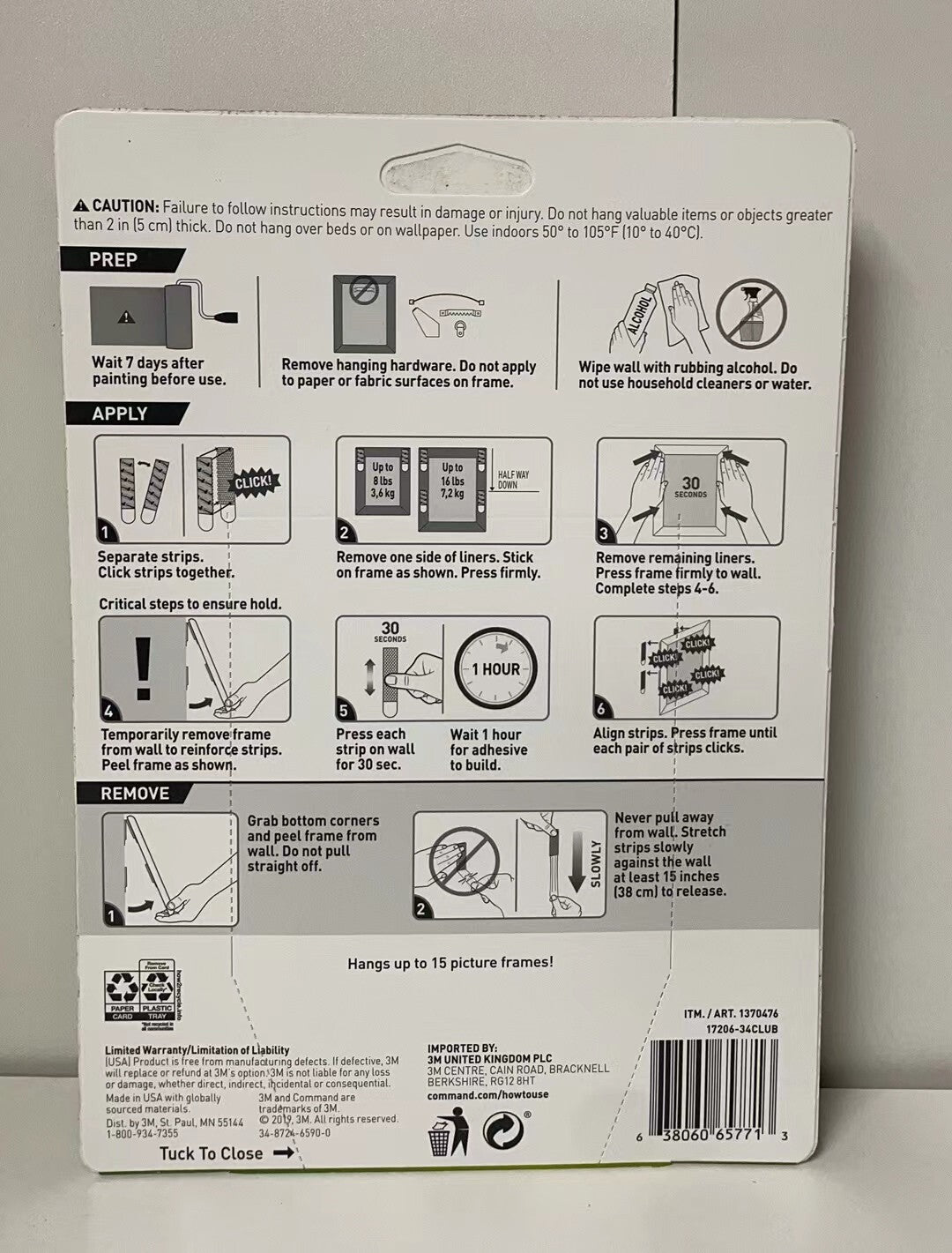 3M Command Damage-Free Indoor Picture Hanging Strips 16lb*34 Large Pairs