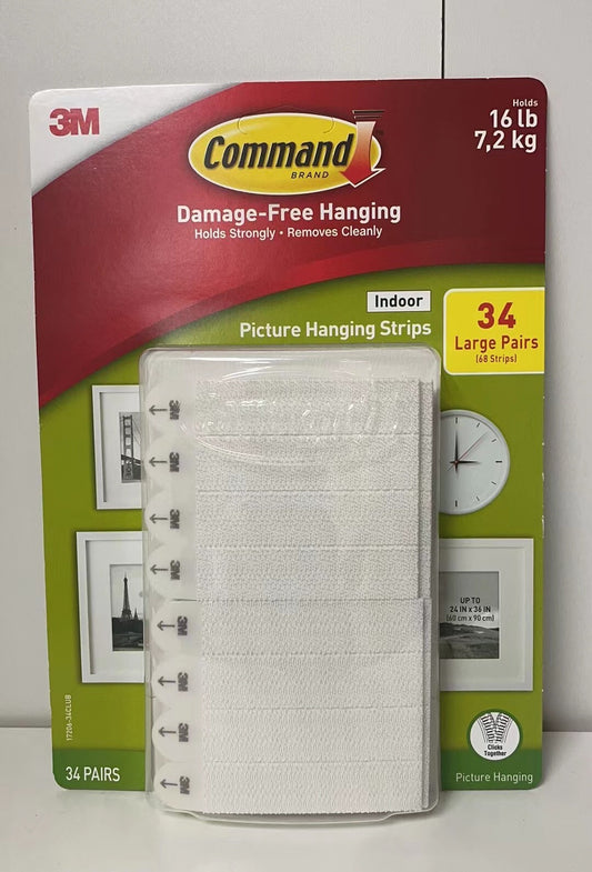 3M Command Damage-Free Indoor Picture Hanging Strips 16lb*34 Large Pairs